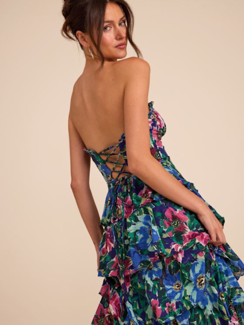 Lulus Nayha Blue Multi Floral Strapless Tiered Midi Dress - Size XS